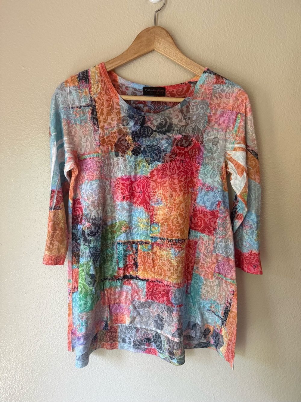 Multicolor Patchwork Scoop Neck Long Sleeve Top by